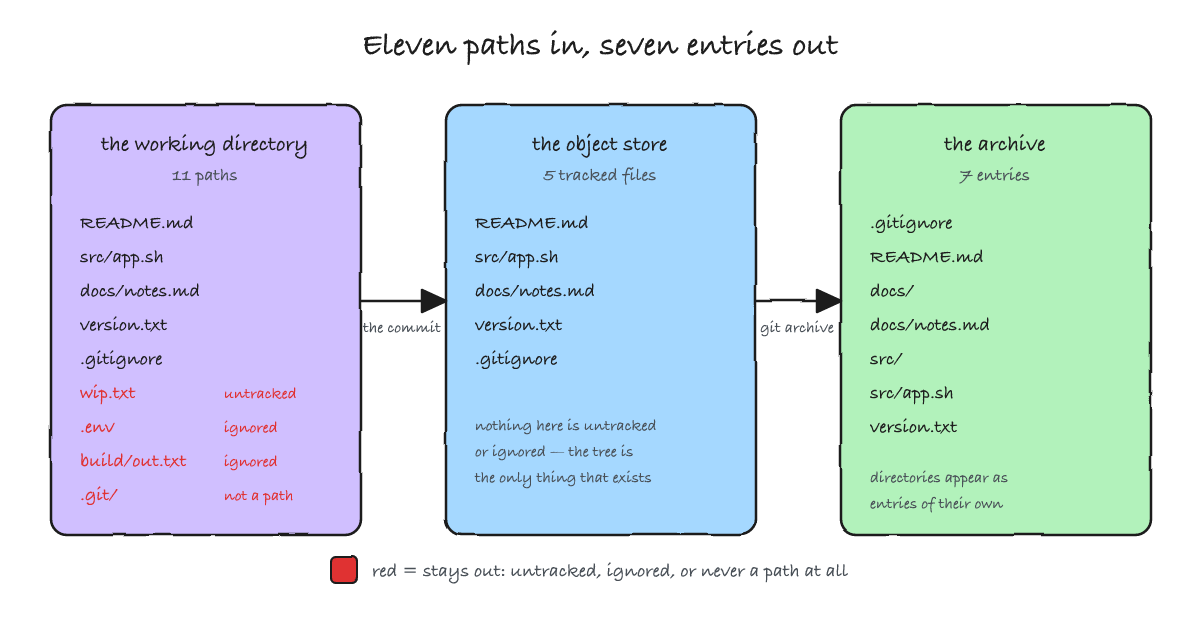 Three columns: the working directory with untracked and ignored paths, the object store holding only tracked files, and the archive, with each dropped path labelled by the stage that drops it