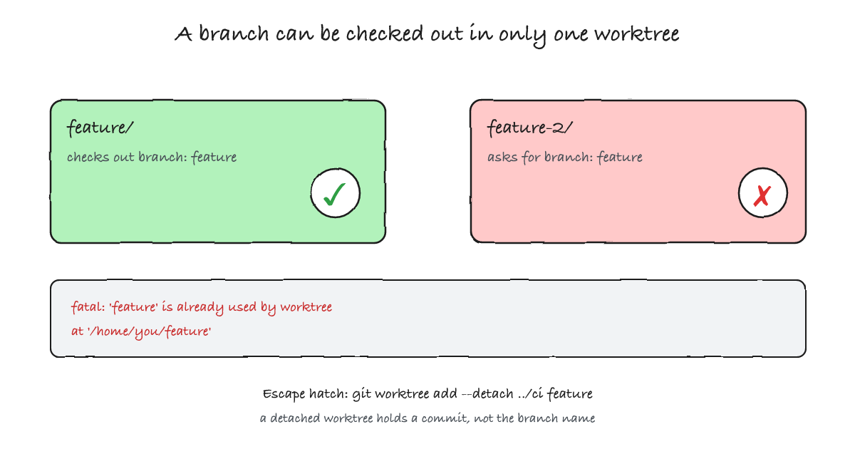 Two worktrees requesting the same branch: the first succeeds, the second is refused with a fatal error; a detached worktree is the escape hatch