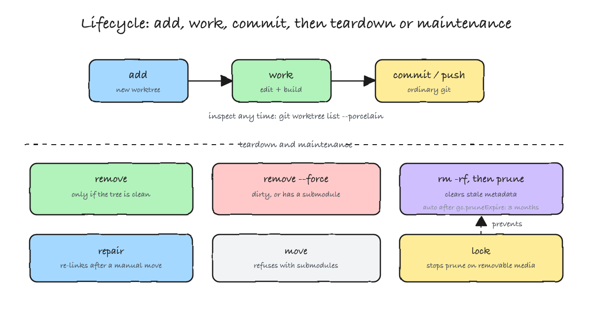 The linear add, work and commit flow, then a separate teardown and maintenance plane with remove, forced remove, prune, repair, move and lock